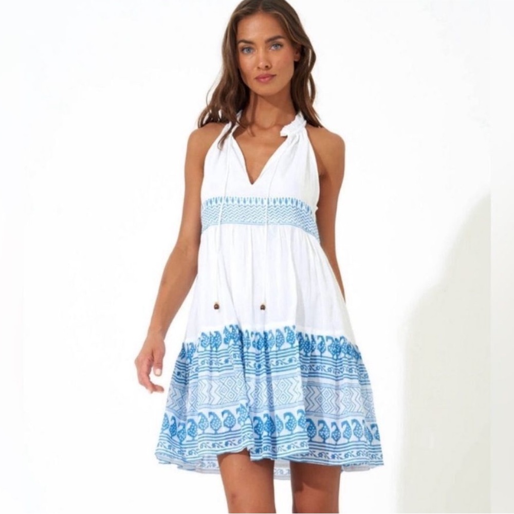 Oliphant Santorini White and Blue Sleeveless Mini Dress | Size XS